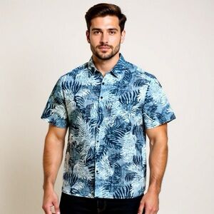 Tasso Elba Silk Linen Shirt Palm Beachy Mens 2XL Tall Blue White Short Sleeve Ha